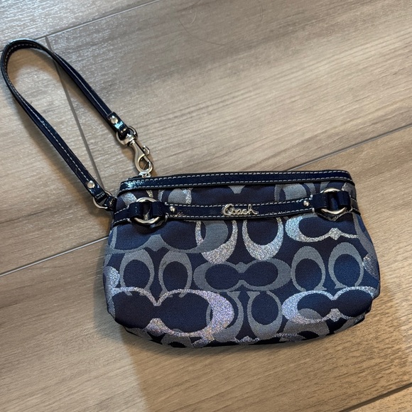 Coach Handbags - Coach Navy and Silver Signature Jacquard Wristlet